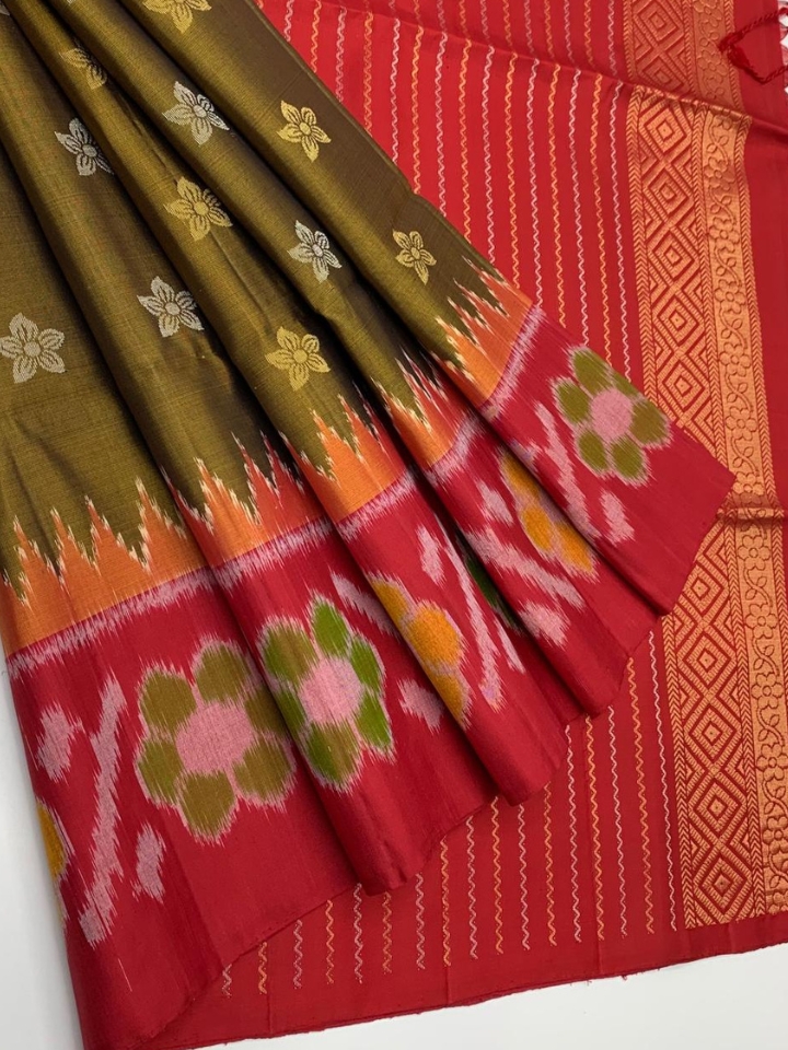 Handloom Olive Green & Red Pochampally Ikat Silk Saree with Tissue Border