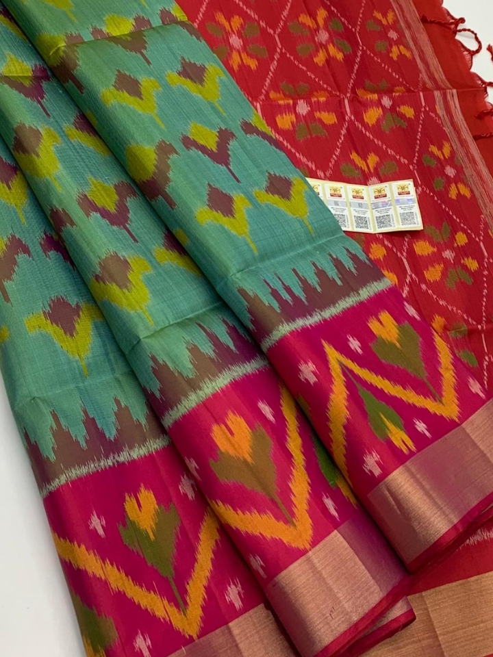 Pure Handloom Pochampally Silk Saree – Green & Pink Ikat with Tissue Border