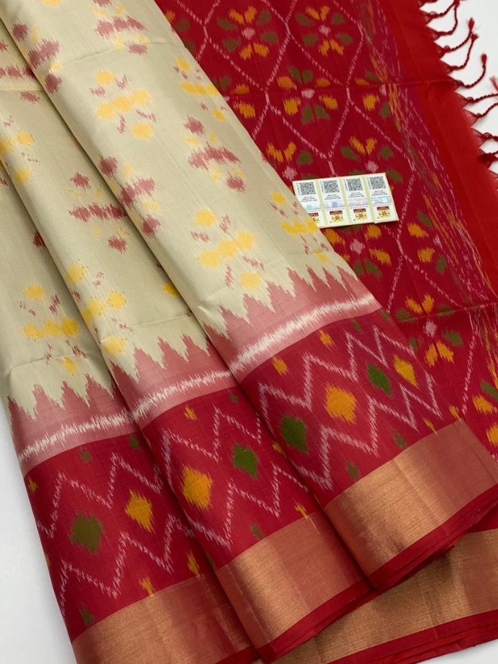 Cream & Red Pure Handloom Pochampally Ikat Silk Saree with Tissue Border