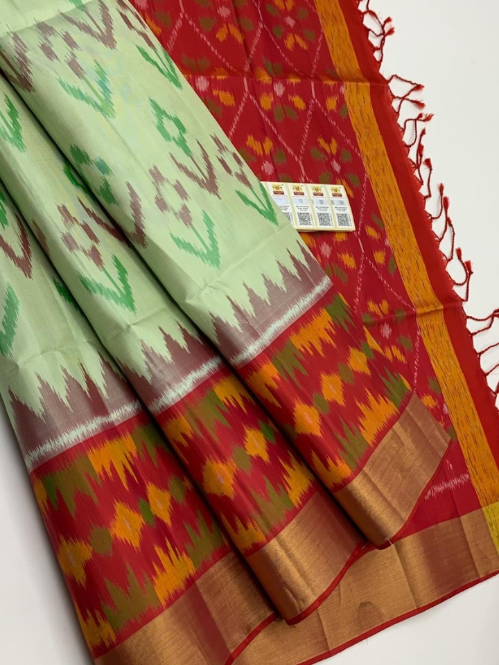 Light Green Pochampally Ikat Silk Saree with Red Pallu & Tissue Border