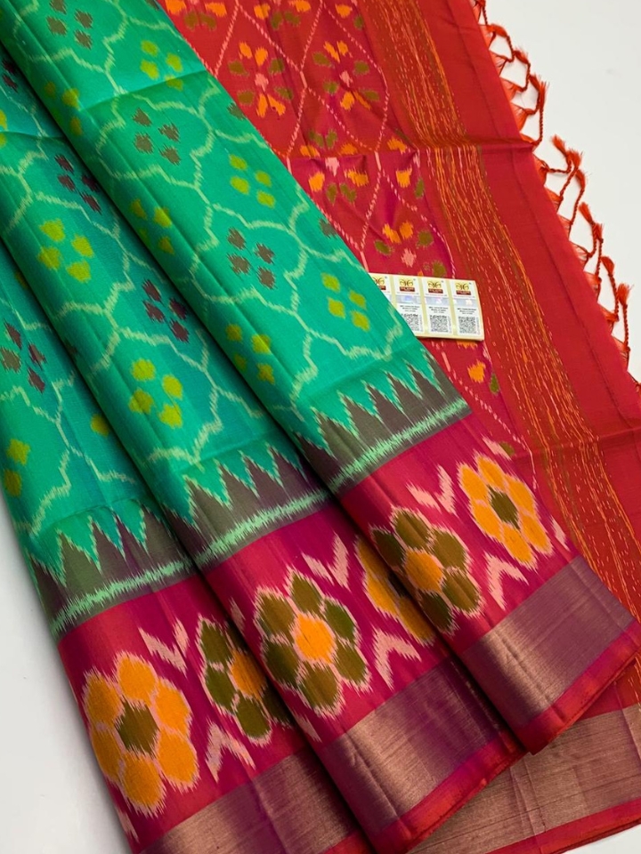 Teal Green & Pink Handloom Pochampally Silk Saree with Tissue Border