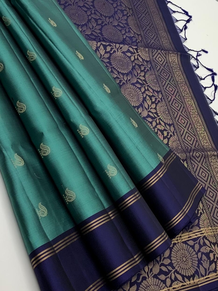 Pure Handloom Double Warp Silk Saree – Teal Green & Navy Blue Butta Design