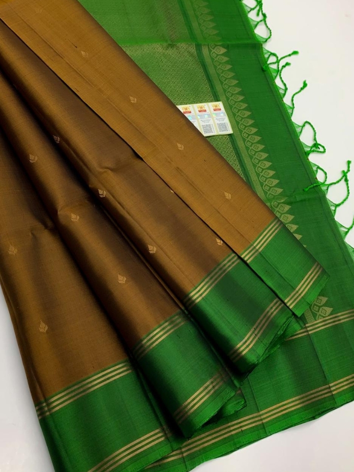 Pure Handloom Double Warp Silk Saree – Brown with Green Border & Butta