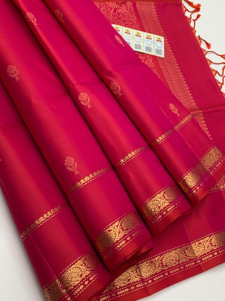Pure Handloom Double Warp Kanchi Border Saree – Bright Pink