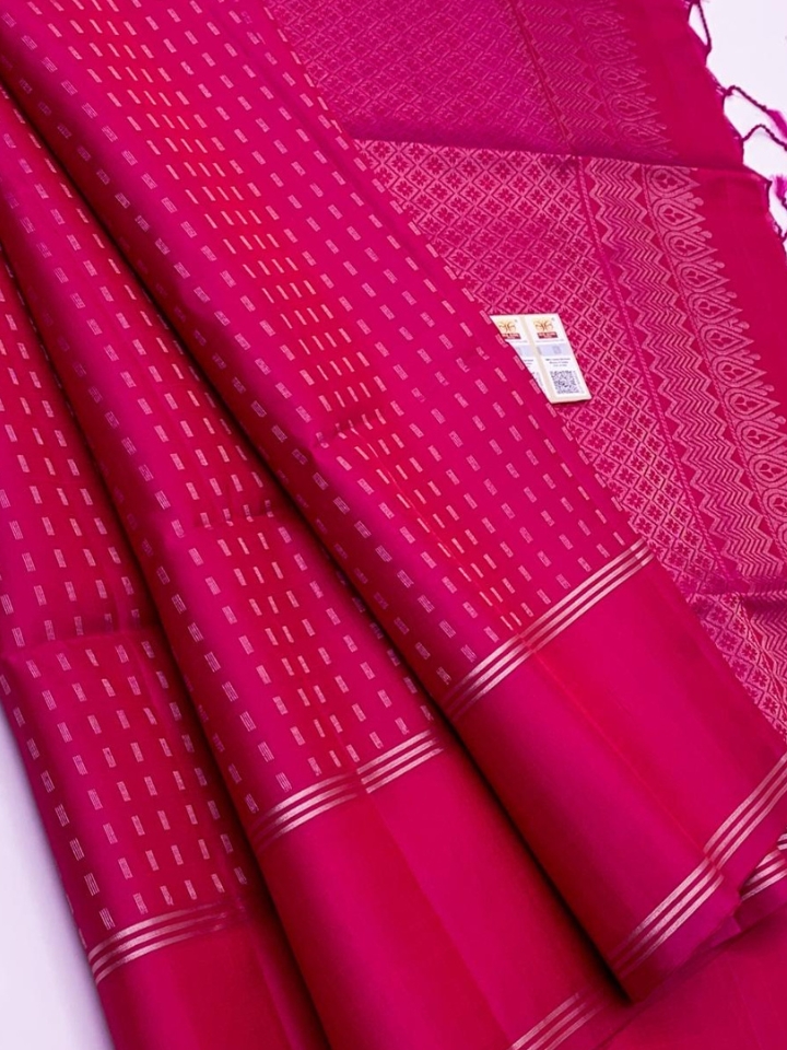 Handloom Double Warp Silk Saree – Pink With Silver Stripes & Zari Pallu