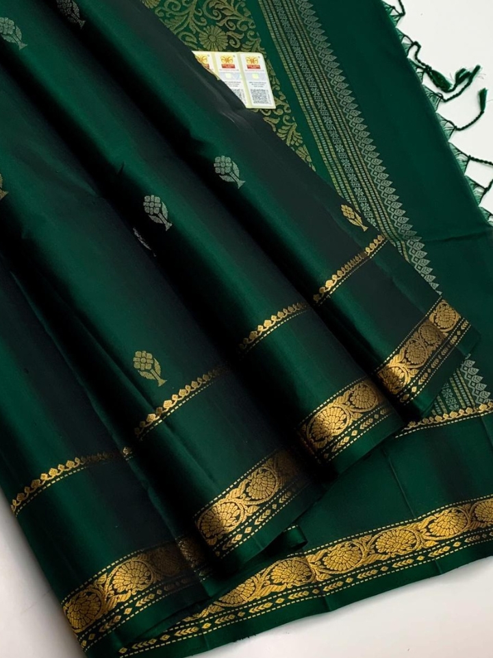 Pure Handloom Double Warp Kanchi Border Saree – Emerald Green