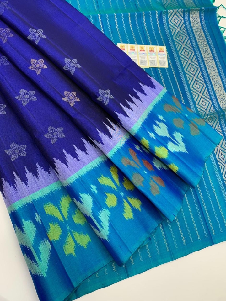 Pure Handloom Pochampally Silk Saree – Blue & Aqua Double Warp Ikat with Tissue Border